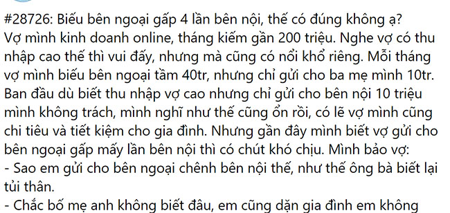 Tôi buồn vì vợ biếu bên ngoại tiền gấp 4 lần bên nội-1