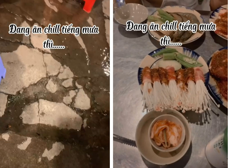 Trải nghiệm đi ăn đồ nướng cực bất ổn của cô gái vào ngày mưa lớn tại Sài Gòn, nhân viên bơi bằng thùng xốp, khách ngồi ăn mà vẫn không yên”-1