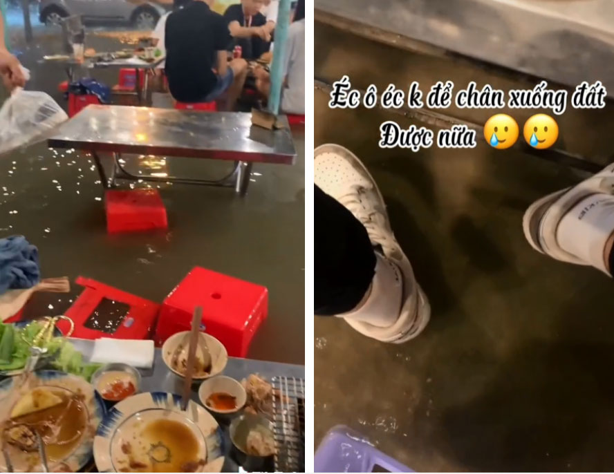 Trải nghiệm đi ăn đồ nướng cực bất ổn của cô gái vào ngày mưa lớn tại Sài Gòn, nhân viên bơi bằng thùng xốp, khách ngồi ăn mà vẫn không yên”-3