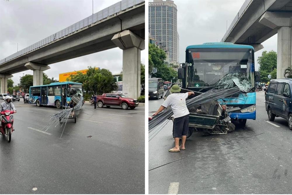 Xe chở sắt xuyên thủng xe buýt trên phố Hà Nội, hiện trường gây thất kinh-1