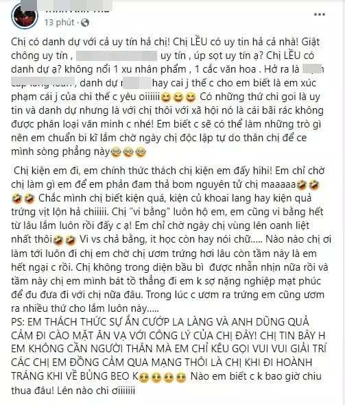 Lều Phương Anh tuyên bố lập vi bằng kiện tụng, con gái bạn trai của cô thách thức: Ít học còn hay nói chữ-5