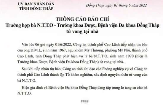 Xác minh thư tuyệt mệnh của trưởng khoa dược tử vong tại nhà riêng