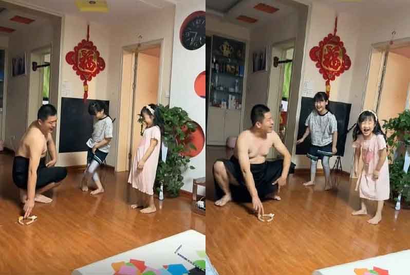 Clip: Ông bố thị phạm mặc váy, dạy 2 cô con gái cách cúi xuống nhặt đồ sao cho thanh lịch khiến dân mạng cười bò-2