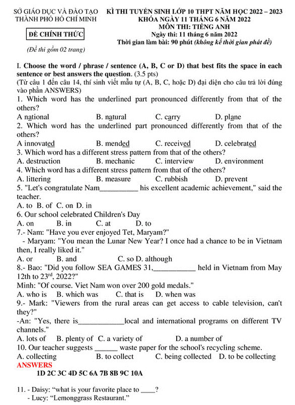 Đáp án ĐỀ THI TIẾNG ANH và ĐỀ THI NGỮ VĂN thi lớp 10 ở TP.HCM-1