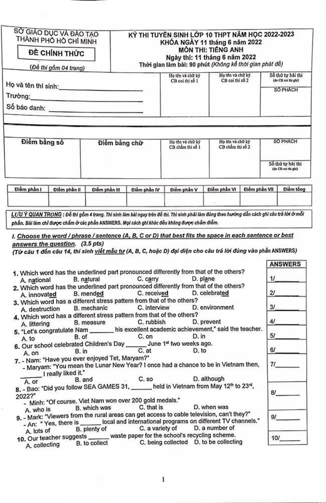 Đáp án ĐỀ THI TIẾNG ANH và ĐỀ THI NGỮ VĂN thi lớp 10 ở TP.HCM-4