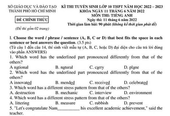 Đáp án ĐỀ THI TIẾNG ANH và ĐỀ THI NGỮ VĂN thi lớp 10 ở TP.HCM