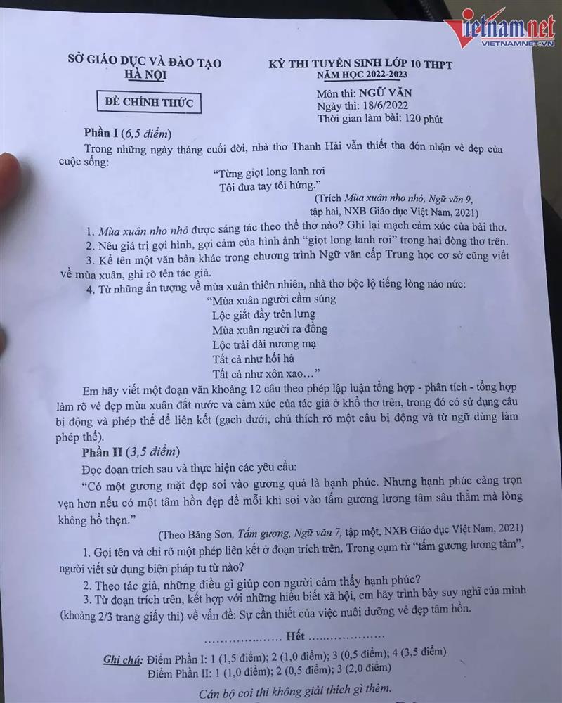 Mùa xuân nho nhỏ vào đề Ngữ văn thi lớp 10 của Hà Nội-1