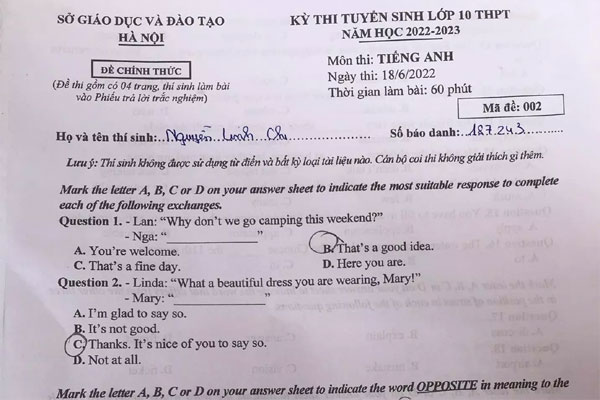Gợi ý đáp án môn Tiếng Anh thi vào lớp 10 của Hà Nội-3