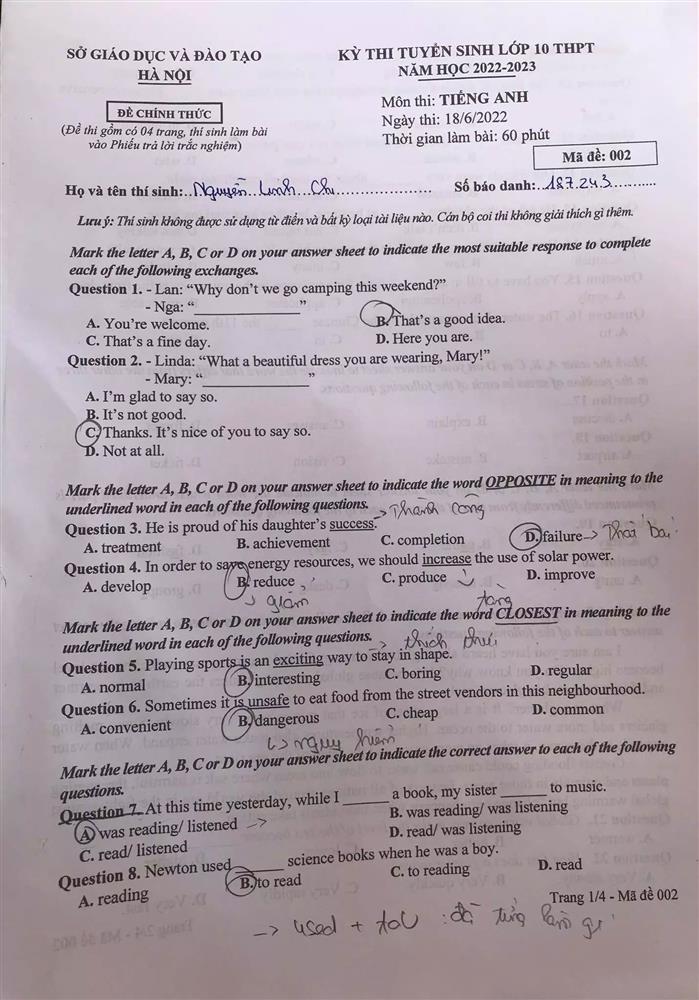 Đề thi vào lớp 10 môn Tiếng Anh tại Hà Nội năm 2022-1
