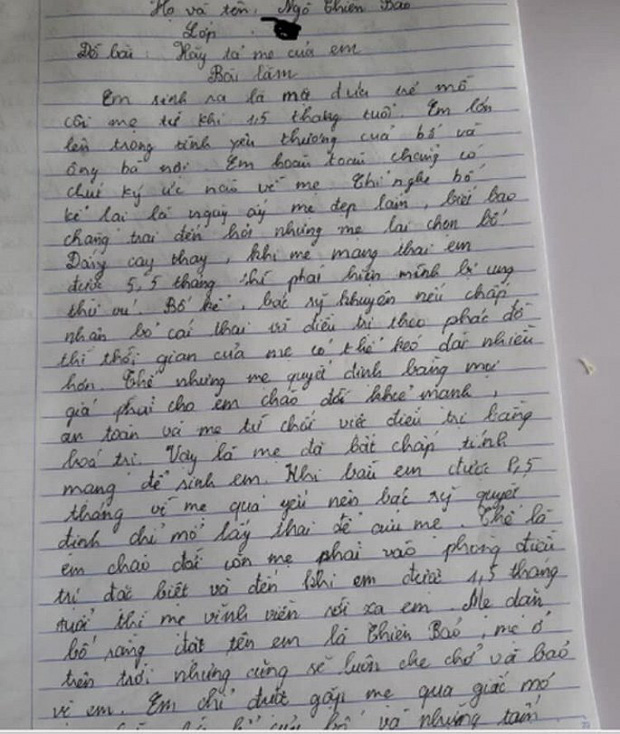 Bật khóc trước bài văn kể về người mẹ đã khuất của nam sinh lớp 7-1