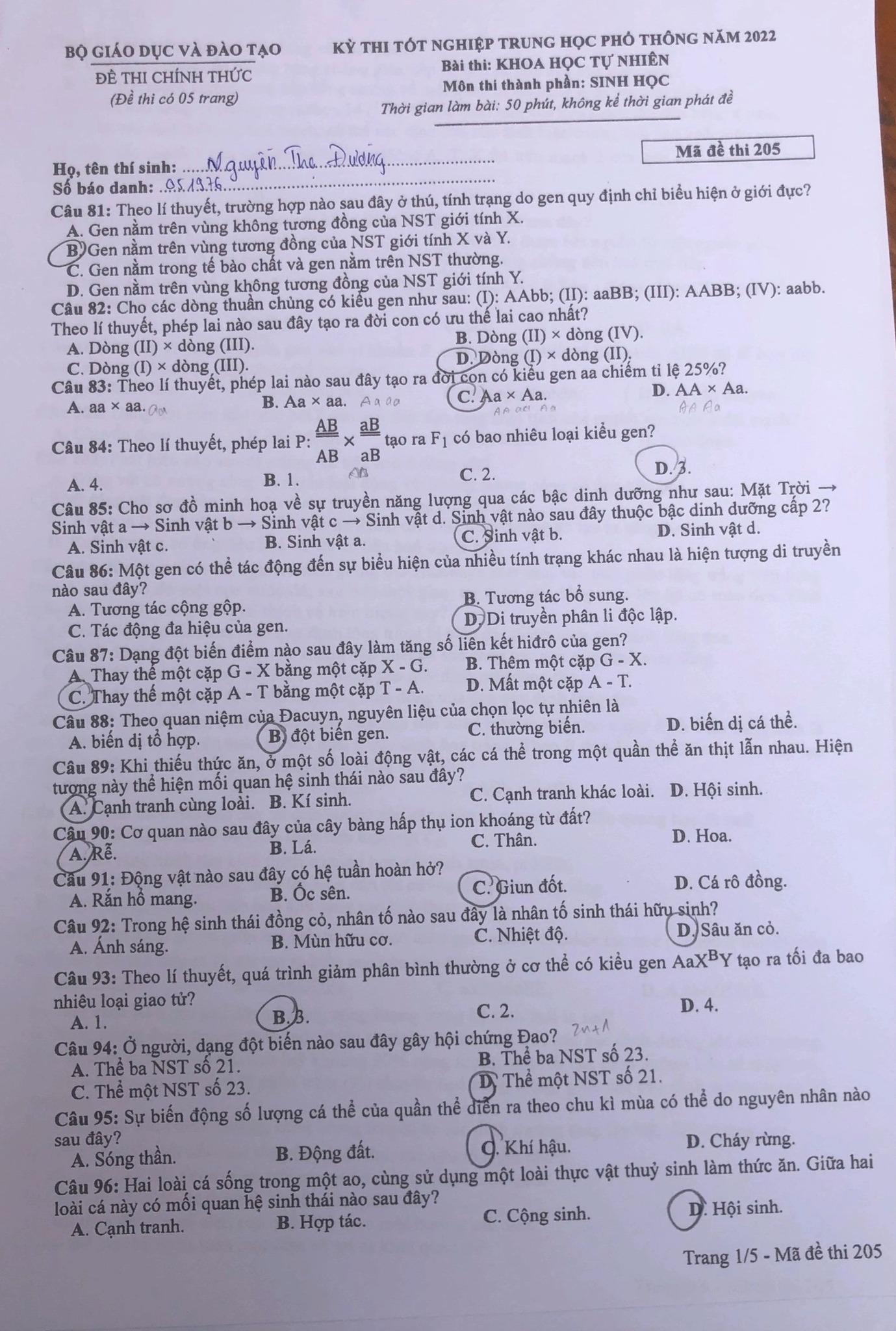 Đề thi môn Sinh học tốt nghiệp THPT 2022-1