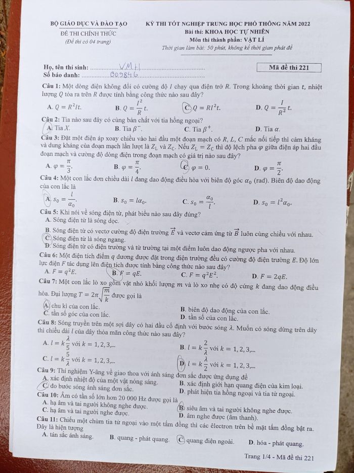 Gợi ý đáp án môn Vật lý tốt nghiệp THPT 2022-2