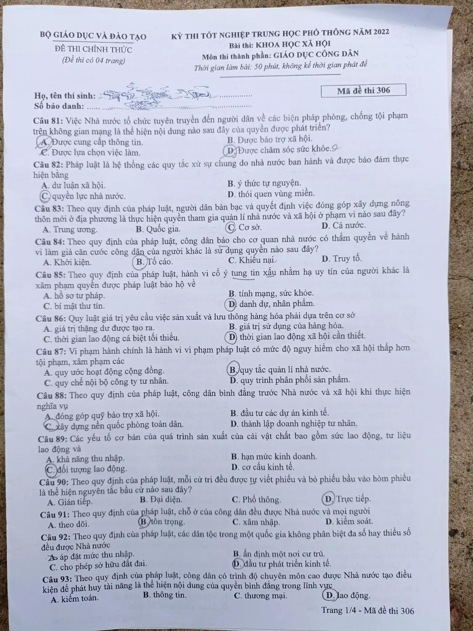 Đề thi môn Giáo dục công dân tốt nghiệp THPT 2022-1