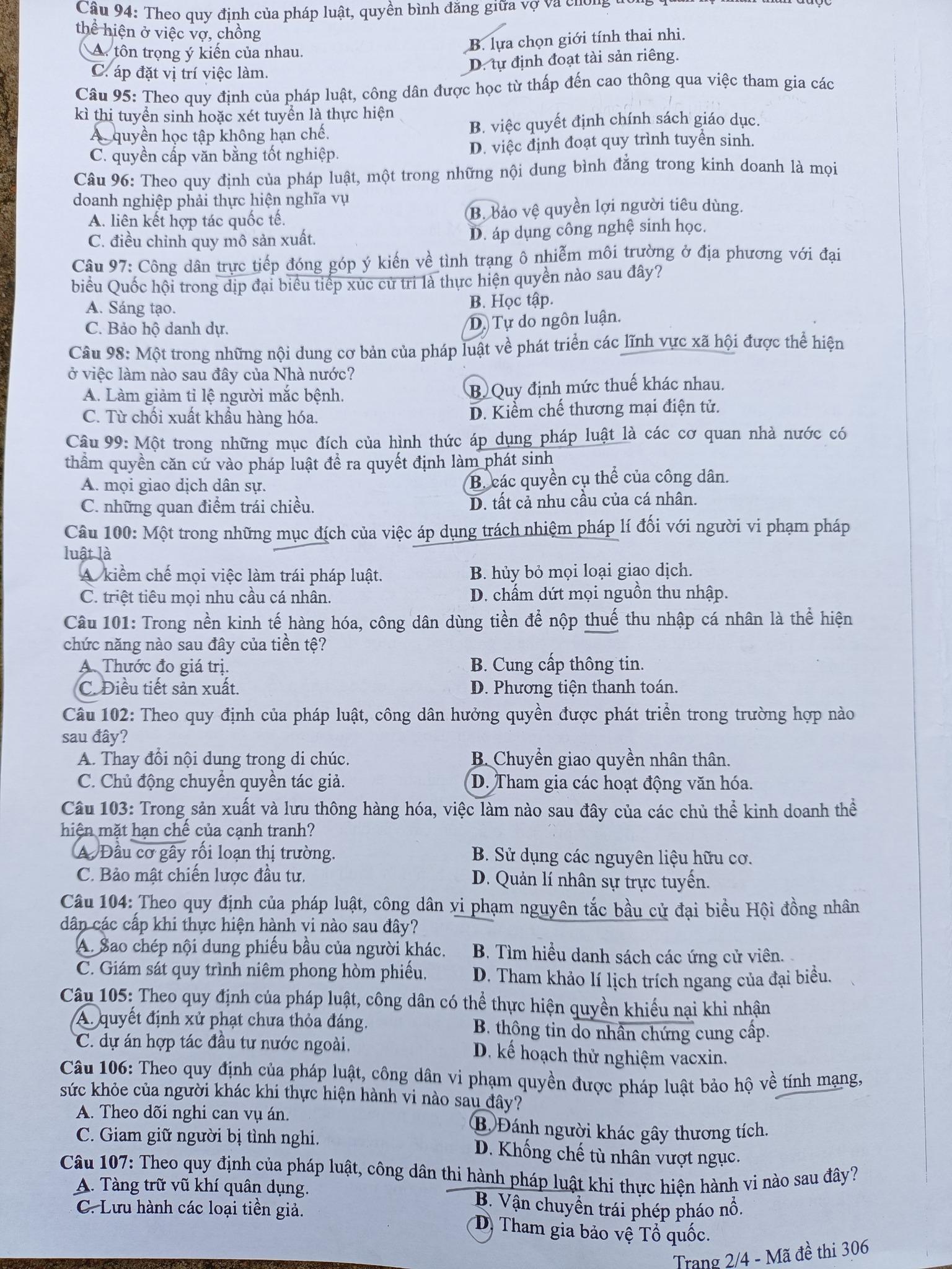 Đề thi môn Giáo dục công dân tốt nghiệp THPT 2022-2