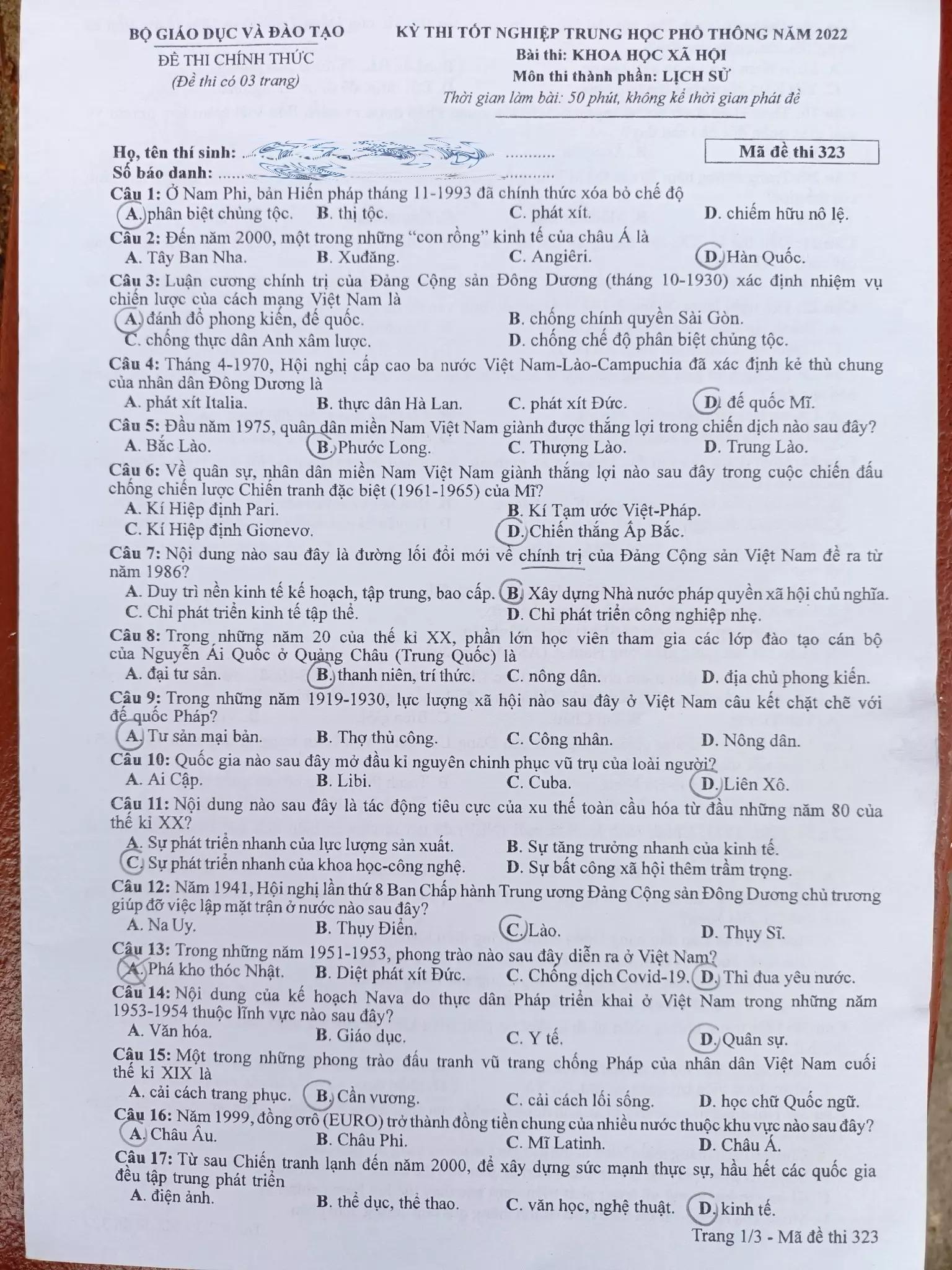 Đề môn Lịch sử thi tốt nghiệp THPT 2022-1