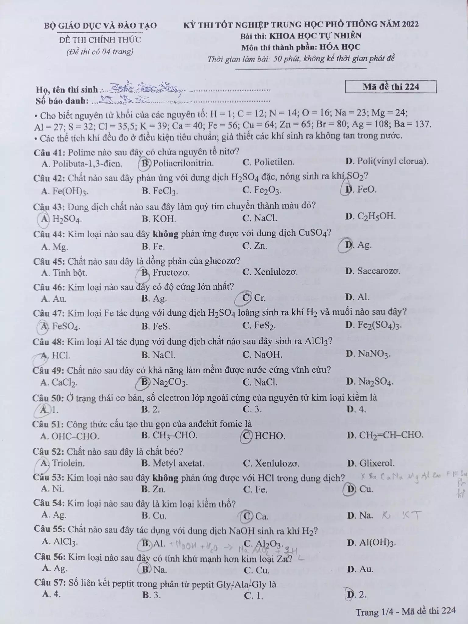 Đề thi môn Hóa học tốt nghiệp THPT 2022 | Tin tức Online