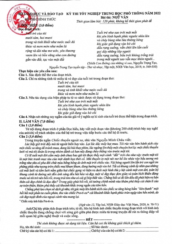 Bộ GD-ĐT công bố đáp án, thang điểm môn Ngữ văn tốt nghiệp THPT 2022-1