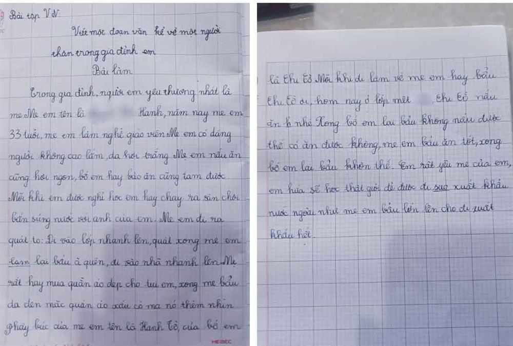 Yêu cầu tả người thân, cậu bé lớp 1 viết nguyên cả trang giấy nhưng người mẹ giật mình kêu viết lại còn dân mạng ôm bụng cười lăn-1