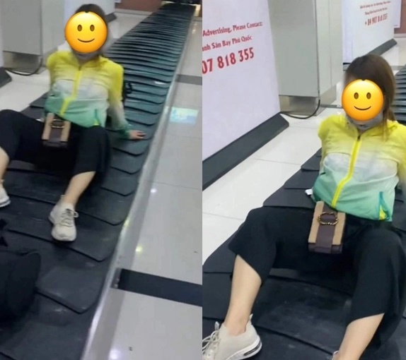 Thông tin mới gây bất ngờ về danh tính cô gái ngồi hớ hênh trên băng chuyền hành lý sân bay-1