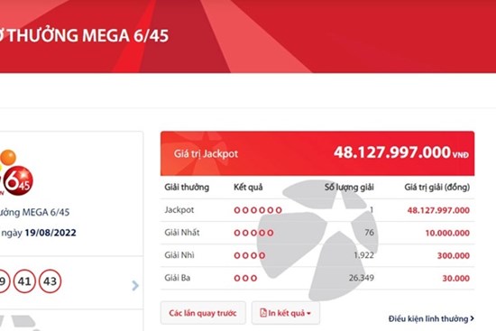 Số đỏ, một người trúng độc đắc Vietlott hơn 48 tỷ đồng