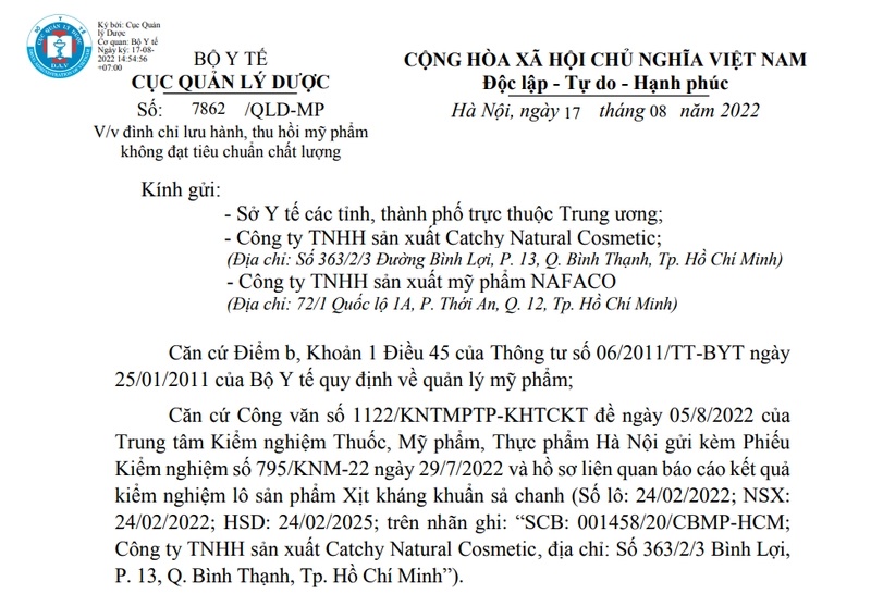 Thu hồi toàn quốc lô Xịt kháng khuẩn sả chanh không đảm bảo chất lượng-1