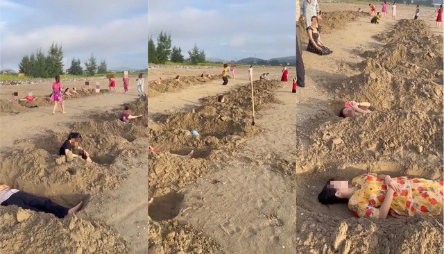 Xôn xao clip nhóm du khách đào hàng chục hố cát ở biển Cửa Lò rồi nằm để tắm-1
