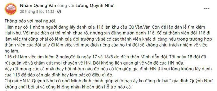 Vụ Hải Như mất tích: Gia đình lên tiếng cảnh báo về những hội nhóm lạ kêu gọi tìm kiếm-4