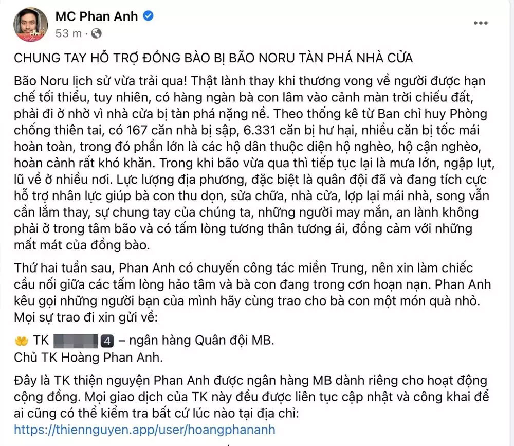 MC Phan Anh kêu gọi ủng hộ đồng bào miền Trung sau bão Noru-2