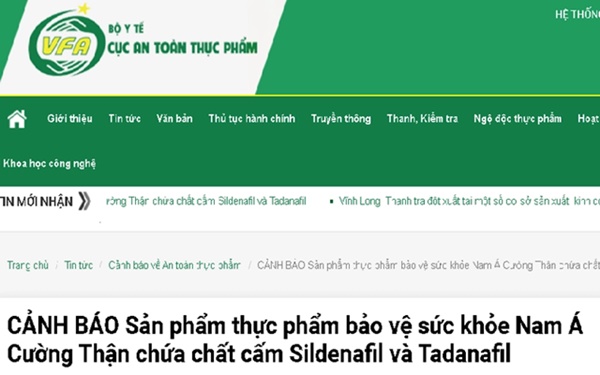 Cảnh báo sản phẩm thực phẩm bảo vệ sức khỏe Nam Á Cường Thận chứa chất cấm-1