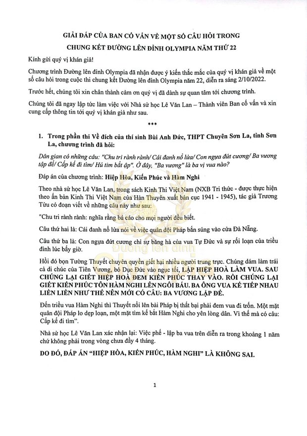 Nghi vấn làm sai đáp án của loạt câu hỏi lịch sử trong trận Chung kết, BTC Olympia chính thức lên tiếng-1