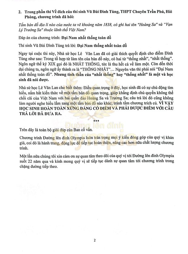 Nghi vấn làm sai đáp án của loạt câu hỏi lịch sử trong trận Chung kết, BTC Olympia chính thức lên tiếng-2