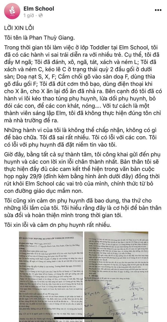 Xôn xao bức thư xin lỗi của giáo viên bạo hành trẻ mầm non ở Đà ...