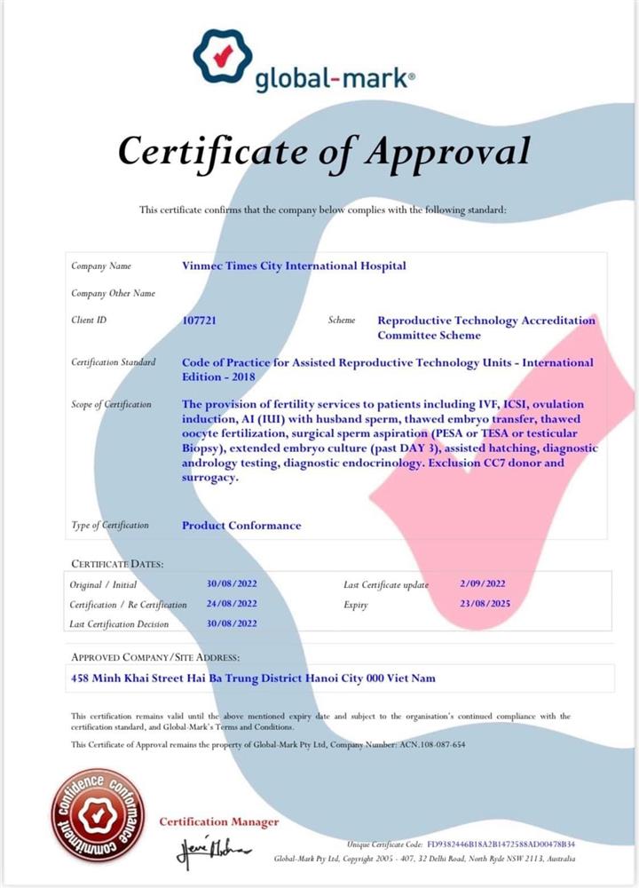 Trung tâm hỗ trợ sinh sản Vinmec nhận chứng chỉ RTAC-3