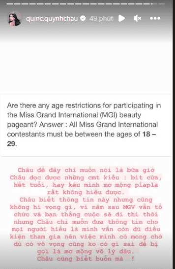 Bị nói bít cửa, hết tuổi thi Miss Grand International, Quỳnh Châu lên tiếng: Mình cũng biết buồn mà!-1