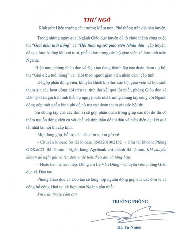 Trần tình của trưởng phòng giáo dục ra thư ngỏ xin tiền các trường-2