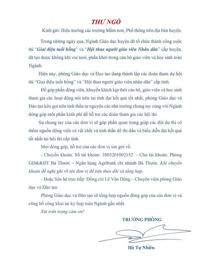 Trần tình của trưởng phòng giáo dục ra thư ngỏ xin tiền các trường-2