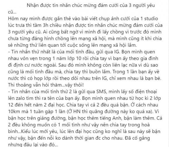 Chuẩn bị kết hôn, cô gái nhận được tin nhắn của 3 anh người yêu cũ, một người còn mừng cưới 20 triệu-1
