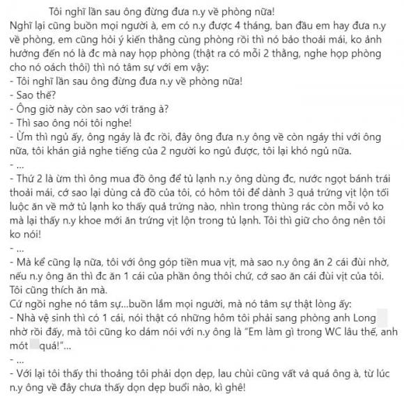 Bị bạn cùng phòng trách vì thường xuyên đưa người yêu về ở cùng, chàng trai lên mạng giãi bày-1