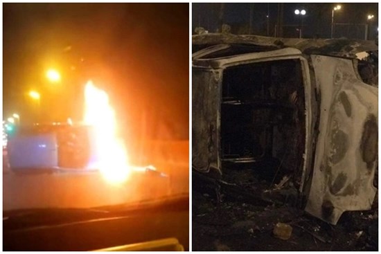 Hà Nội: Xế hộp nổ lốp lật nghiêng rồi cháy trơ khung