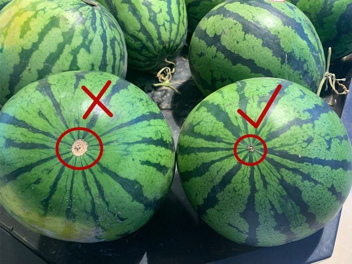 Chọn dưa hấu không cần vỗ vào quả, có 5 chỗ nhìn là biết ngay quả nào đặc ruột, ngọt căng, mỏng vỏ-2