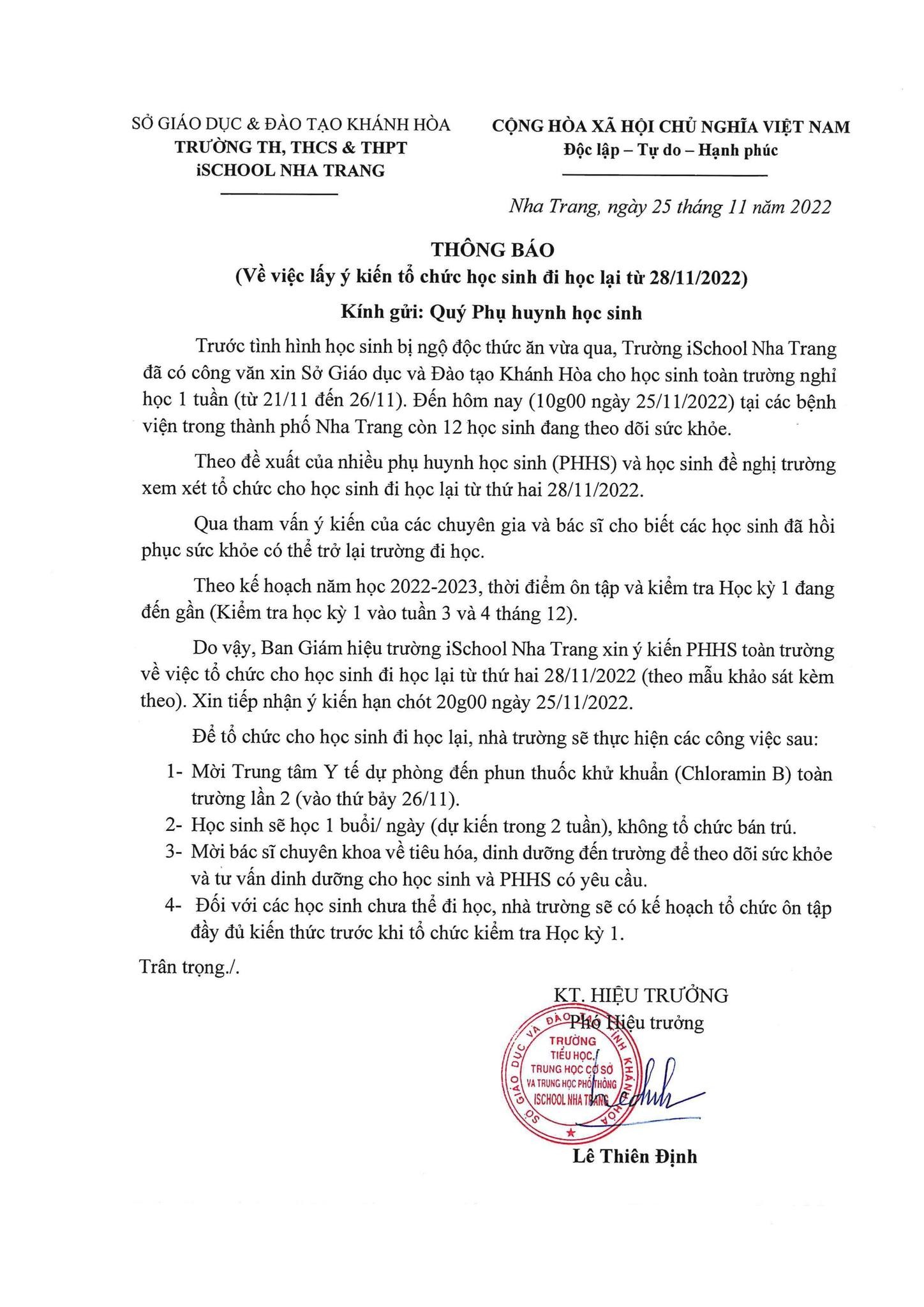 12 học sinh iSchool Nha Trang vẫn đang theo dõi sức khỏe, trường đề xuất đi học lại từ 28/11-1