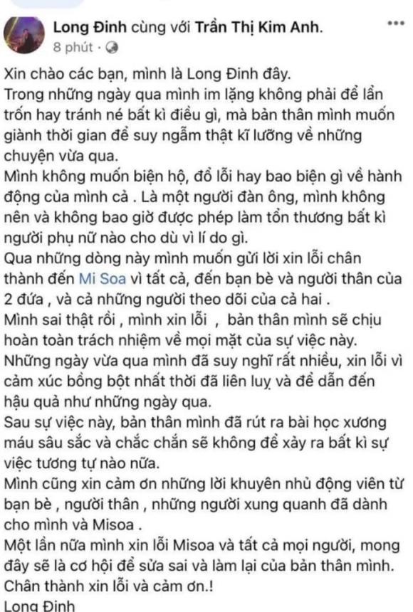 Sau nhiều ngày im lặng, bạn trai MC Misoa lên tiếng xin lỗi vì tác động vật lí bạn gái-2