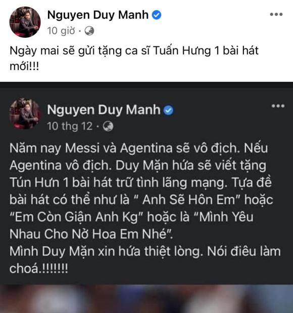 Giữ đúng lời hứa, Duy Mạnh tặng cho Tuấn Hưng bài hát với tựa đề: Thì đừng giận nhau nữa nhé-2