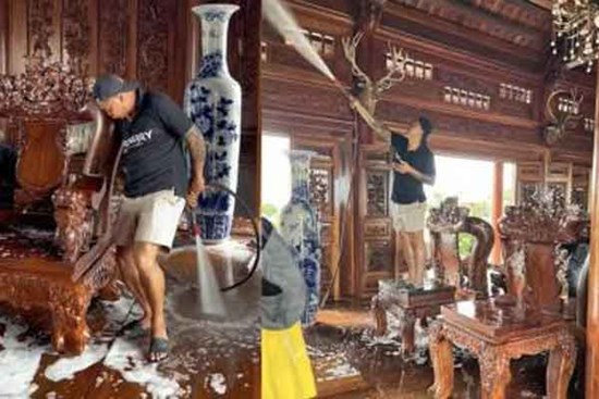 Nhà toàn đồ gỗ, gia chủ huy động người dùng vòi xịt, chất tẩy rửa để lau chùi đón Tết