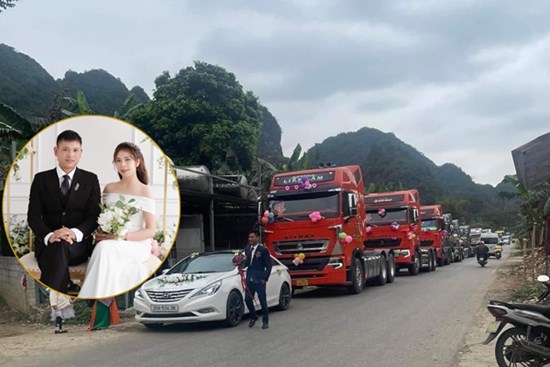 Chú rể Cao Bằng 'chơi trội' rước dâu bằng đoàn xe đầu kéo