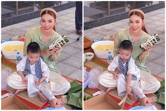 Lan Khuê ở biệt thự tiền tỷ vẫn dạy con gói bánh chưng đón Tết