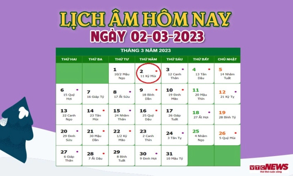 Tra cứu lịch âm hôm nay thứ Năm ngày 2/3/2023-1