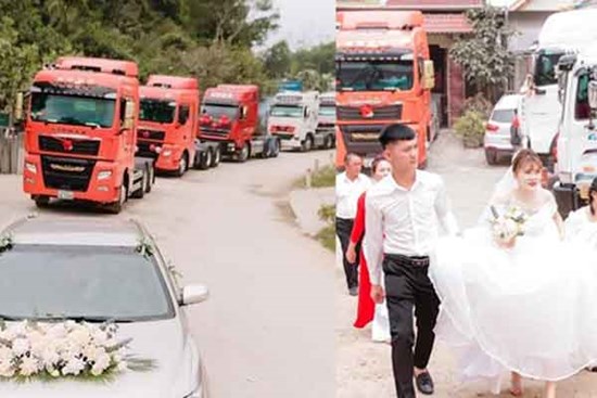 Màn rước dâu độc lạ bằng 20 xe đầu kéo container 