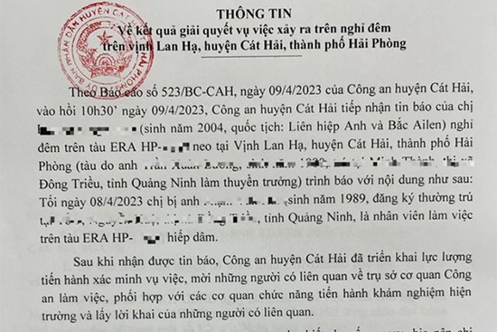 Thông tin bất ngờ vụ nữ du khách nước ngoài tố bị hiếp dâm trên vịnh Lan Hạ