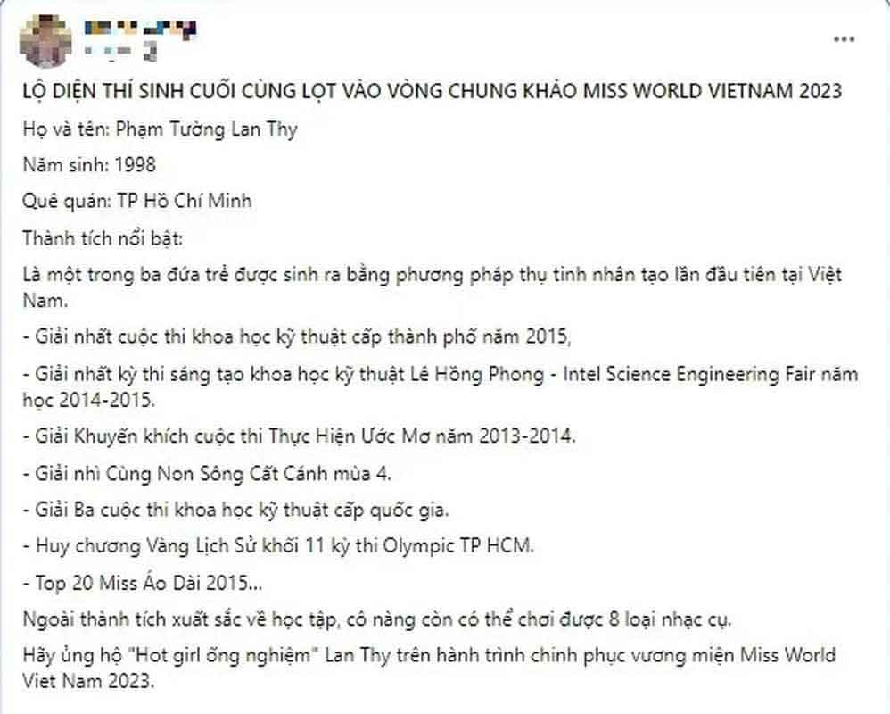 Thực hư việc hot girl ống nghiệm Phạm Tường Lan Thy thi Miss World Vietnam 2023-2